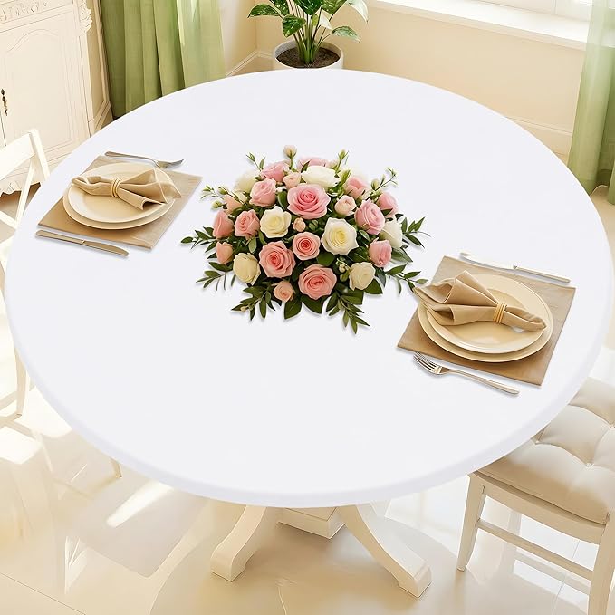 Round Spandex Tablecloth, Elastic Fitted Waterproof Tablecloths for 31"-35" Tables, Stretch Washable Picnic Table Cover for Camping, Dining, Indoor and Outdoor, White