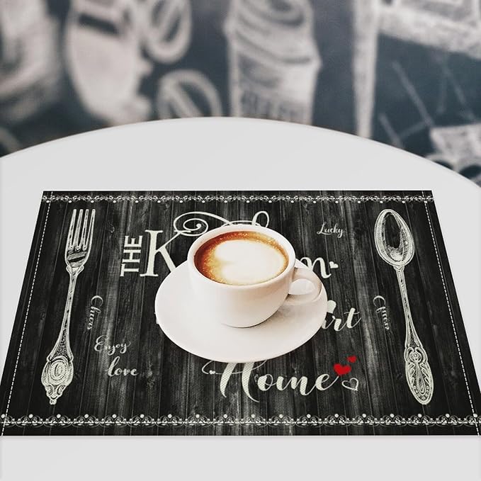 Vintage Farmhouse Placemat Set, Minimal Black White Rural Plank Art Sketch Cutlery Knife Fork Inspirational Quotes Pattern Home Decor Linen Table Mats for Dining Room Kitchen Party (17x12in) x2P
