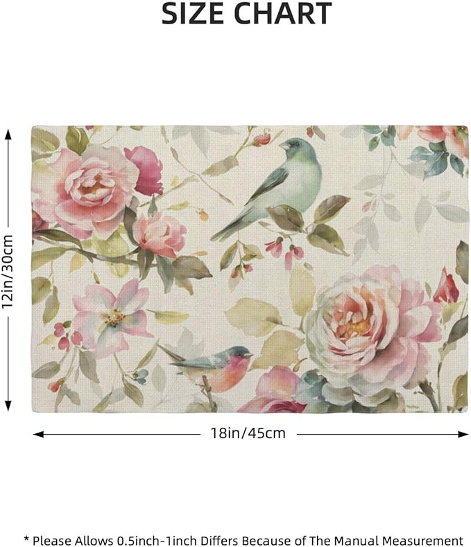 Floral Placemats Set of 4 Vintage Watercolor Bird Flower Decor Place Mats 12x18 Inch Spring Summer Seasonal Decorative Linen Table Mats for Home Kitchen Dining Party Table Decoration