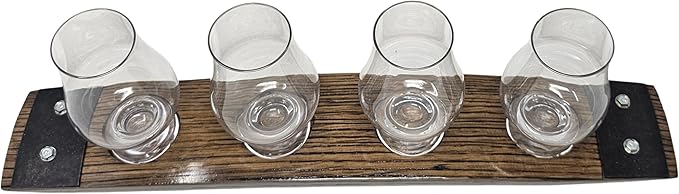 Barrel Stave Premium 4 Glass Whiskey Flight Serving Tray with Glencairn Glasses, Dark Walnut