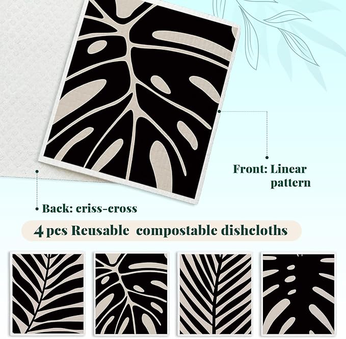 Swedish Dishcloths for Kitchen, Boho Botanical Floral Swedish DishCloths, Papaya Reusable Paper Towels Washable, 4 Pcs Dish Towels for Kitchen Party Home Housewarming Cleaning Cloths