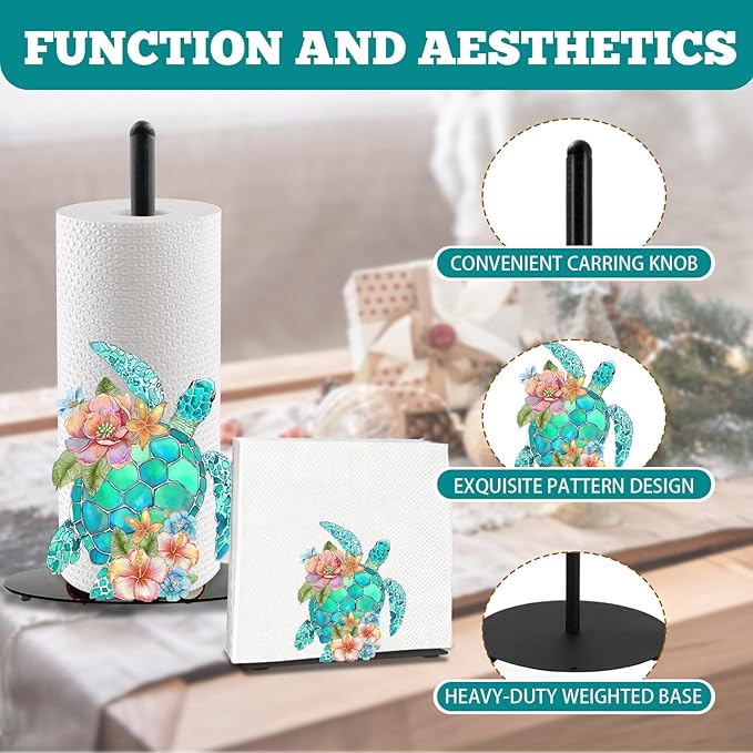Sea Turtle Paper Towel Holder, Coastal Beach Ocean Countertop Decor Indoor with Round Base, Sea Turtle Gifts for Women, Iron Beachy Themed Napkin Holder Stand Accessories for Bathroom Kitchen, 2 PCS
