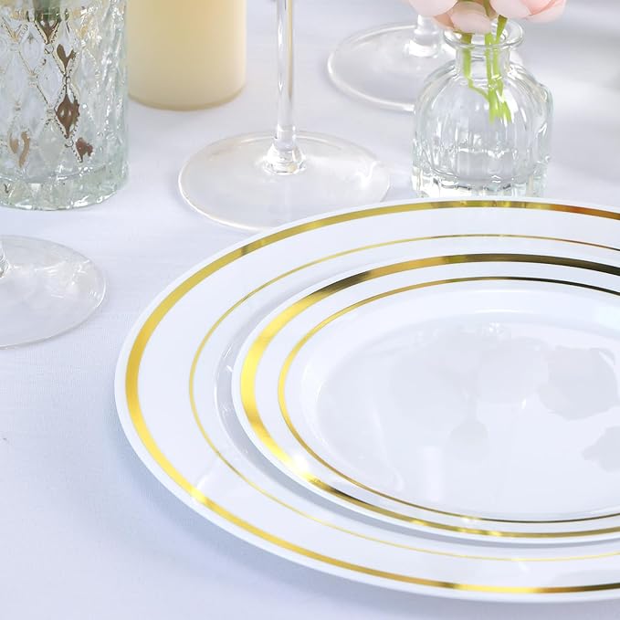 Moretoes 100PCS Gold Plastic Plates Disposable,Party Plates White Gold Rim, 10.25inch Dinner Plate and 7.5inch Dessert Salad Plate for Wedding Party and Birthday