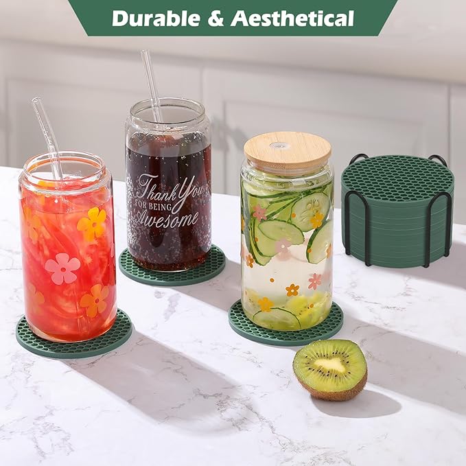 Coasters Set of 6 with Holder,Coasters for Drinks,Coffee Table Decor Coaster,Suitable for Kinds Cups,Anti-Slip,Non-Stick,Silicone Cup Coaster and Living Room Decor(6 Pcs, Green)