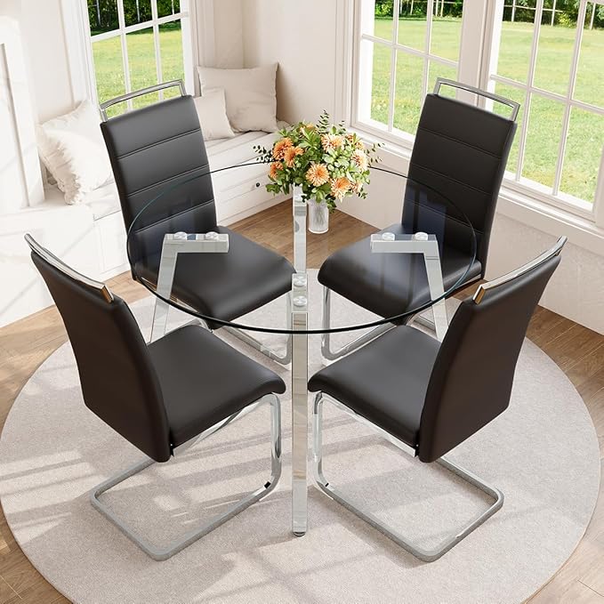 42" Round Glass Dining Table Set for 4,Modern Breakfast Table Set for 4 with Silver Chrome Legs,Space Saving Kitchen Table and Black Chairs for Apartment,Easy Assembly