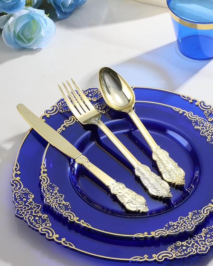 Goodluck 350 Piece Clear Blue Plastic Dinnerware Set for 50 Guests, Fancy Disposable Plates, Include: 100 Blue Rim Plastic Plates, 150 Silverwares, 50 Pre Rolled Napkins, 50 Cups for Party, Wedding