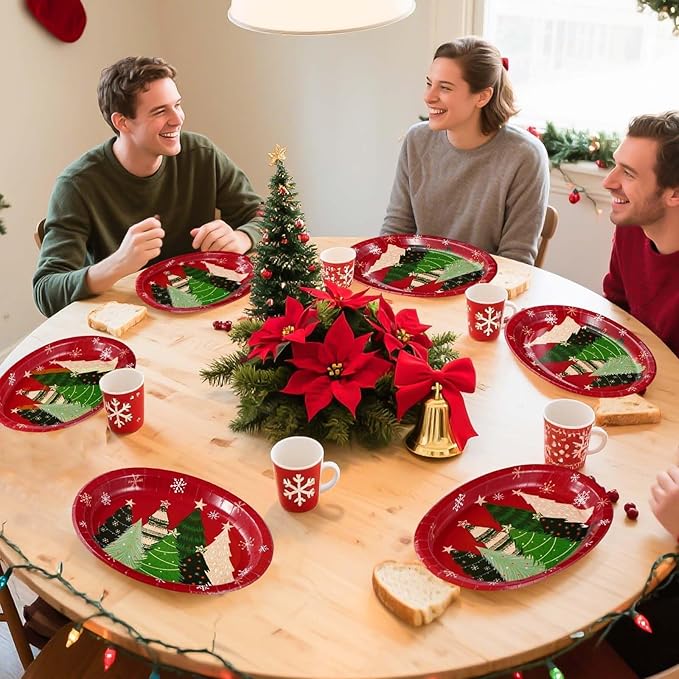 Grencian 50Pcs Christmas Oval Paper Plates 10" x 12" Large Disposable Heavy Duty Red Multiple Pine Trees Paper Platters Vintage Plate Tree Dessert Plates for Christmas Picnic Holiday Party Supplies