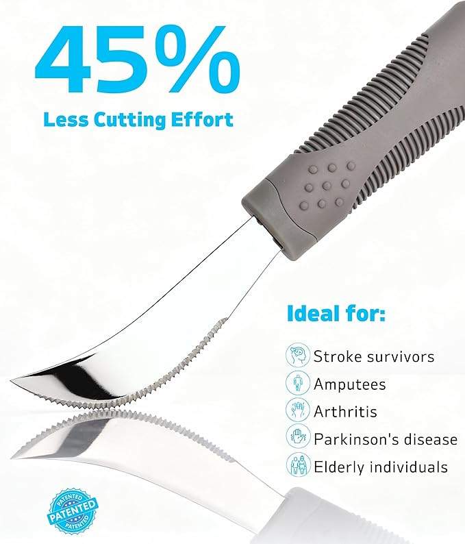 5 oz Weighted Adaptive Utensils Set with Rocker Knife - Balanced Weighted Silverware for Parkinson's Disease, Moderate Hand Tremors & Essential Tremor, Ergonomic Grip Handles (Grey)