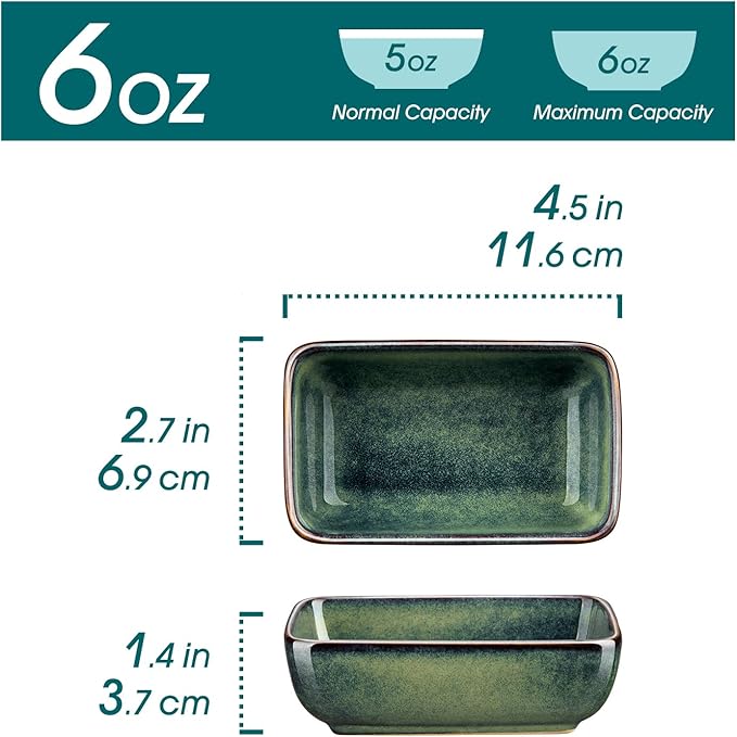 vancasso Stern 6 Oz Dipping Bowls, 4.5 Inches Ceramic Soy Sauce Dish, Rectangular Side Dishes, Small Appetizer Plates Set of 4, Green