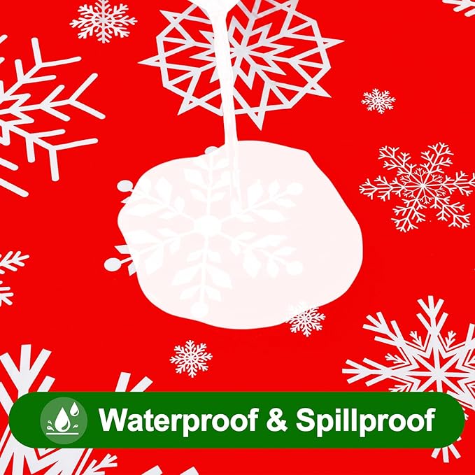 Smiry Plastic Christmas Tablecloth, Snowflake Waterproof Elastic Fitted Table Covers, Wipeable Flannel Backed Vinyl Tablecloths for Christmas Dinner, and New Year Celebration (Red, 30x72 Inches)