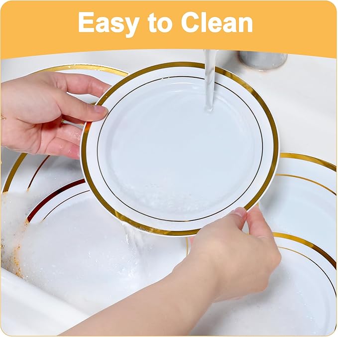 100 PCS Gold Plastic Plates, White and Gold Plastic Plates Include 50 Dinner Plate and 50 Dessert Plate Perfect for Holiday, Party & Wedding