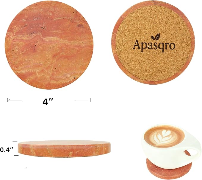 Natural Travertine Stone Coasters Set of 4 with Cork Backing – 4” (10cm) Round Absorbent Drink Coasters, Non-Slip Coffee Table Protectors, Rustic Farmhouse & Modern Décor, Gift-Ready
