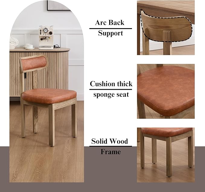 Brown Dining Chairs Set of 4, Mid Century Modern Leather Dining Room Chairs with Curved Back, Armless Kitchen Chairs for Living Room/Restaurant/Balcony/Bedroom/Home Desk/Task
