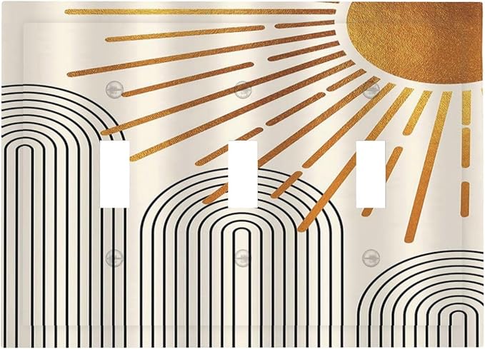 Light Switch Cover Mid Century Boho Sun Beige Minimalist Abstract 3 Gang Wall Plate Triple Light Switch Plate Toggle Decorative Outlet Covers Electrical Switchplate for Bathroom Bedroom Decor
