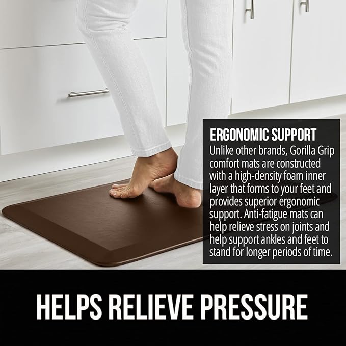 GORILLA GRIP Comfortable Cushioned Kitchen Mats for Floor, Waterproof and Stain Resistant Soft Top, 3/4 Inch Thick Ergonomic Standing Desk Anti Fatigue Mat, Foam Supports Ankles and Feet, 17x24, Brown