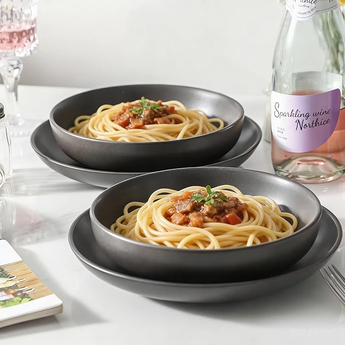 Stoneware Pasta Bowls, 34 oz Large Salad Bowl Set of 4, Ceramic Serving Bowls for Ramen, Pasta, Fruit, Cereal, Dinner, Wide and Shallow Bowls, Microwave & Dishwasher Safe, Matte Black