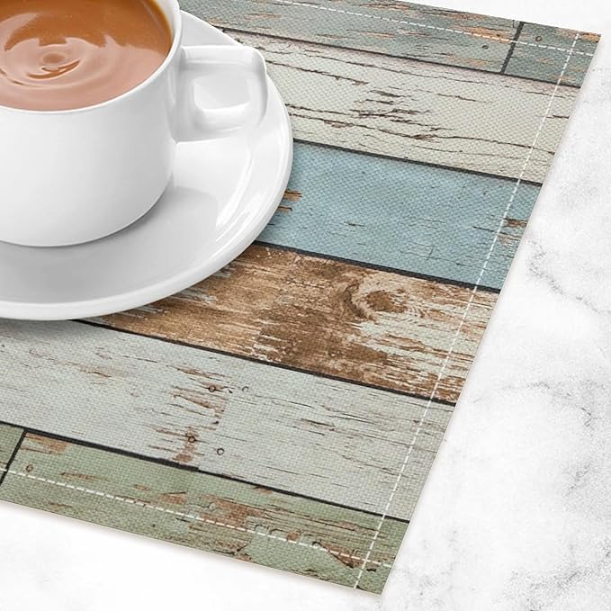 Rustic Plank Placemat Set, Vintage Old Shabby Colorful Beige Green Blue Farmhouse Barn Wooden Board Pattern Home Decor Linen Table Mats for Dining Room Kitchen Party (17x12in) x2P