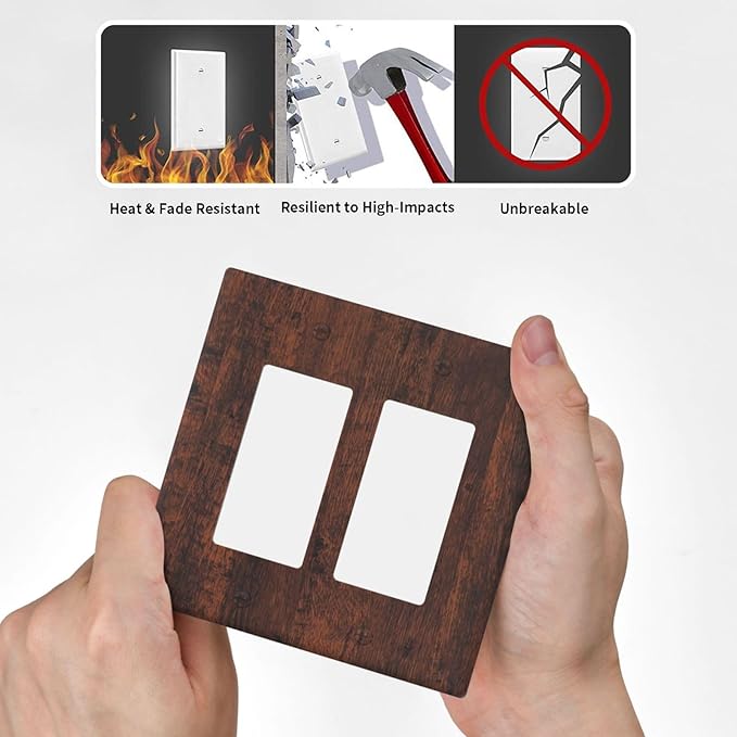 Outlet Covers Brown Red Rustic Wood Grain Retro Farmhouse 2 Gang Light Switch Cover Double Rocker Wall Plate Decorative GFCI Receptacle Electrical Switchplate for Farmhouse Cabin Decor（2 Pack）