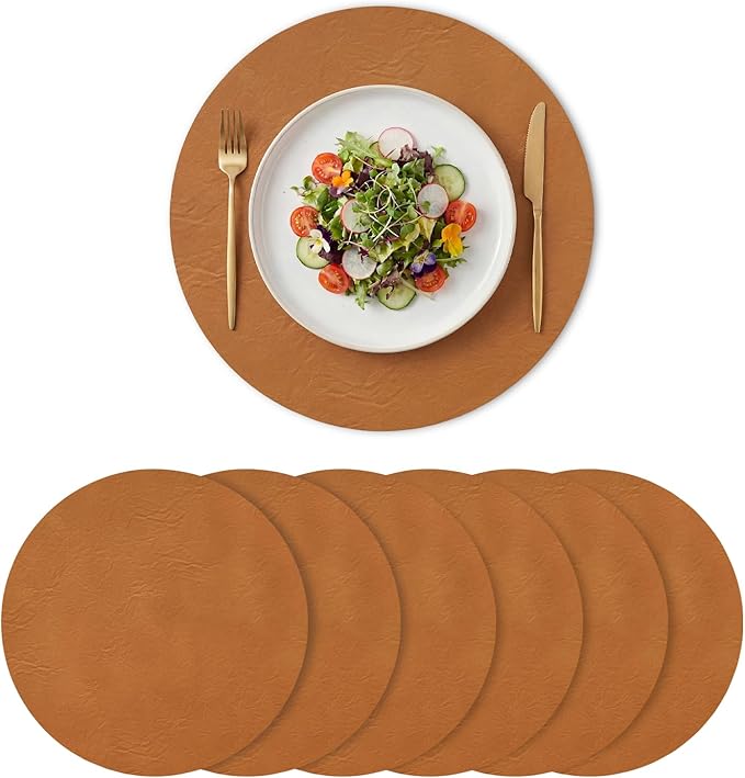 Artoid Mode Rust Faux Leather Placemats Set of 6, 15 Inch Waterproof Wipeable Heat Resistant Vinyl Place Mats, Reversible Table Mats for Fall Kitchen Dining Decor