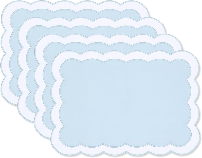 Hofdeco Premium Coastal Patio Indoor Outdoor Placemat Set of 4, 14"x19" Double-Layered, Waterproof Cloth Placemat for Kitchen or Dining Table. Baby Blue Embroidered Solid B