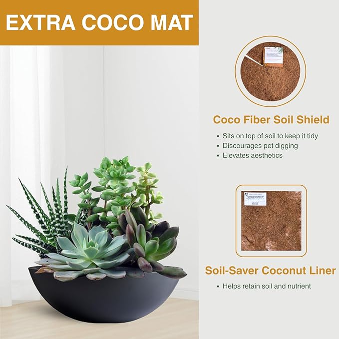 7.7" H x 22" D Round Bowl Fiberstone Planter for Succulent and Lotus with Drainage Hole, Smooth Finishes, Weather Resistant, Included 2 Extra Coco Mats (Black, 19.9" Pot Opening)