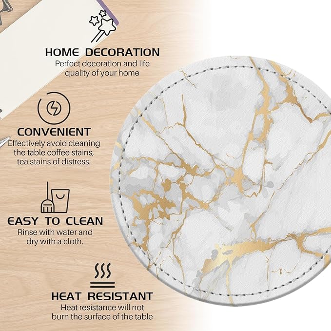 Coasters for Drinks PU Leather,Set of 6 with Holder,Round Housewarming Gift Home Decor,White and Golden Marble