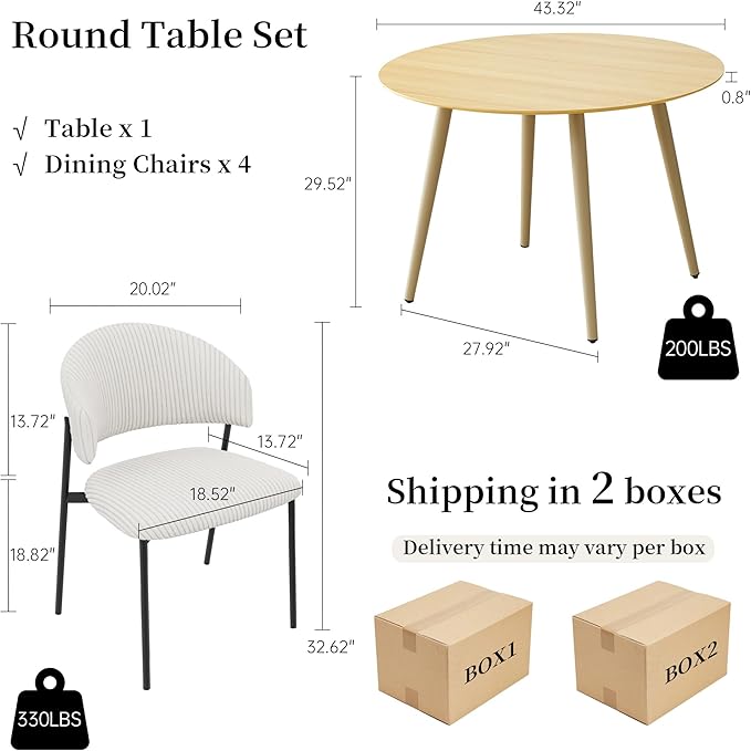 43.3 Inch Round Dining Table Set for 4, Modern Small Kitchen Coffee Set for Dining Room Kitchen Apartment (Cream Table + 4 White Shell Chairs)