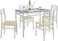 VECELO Dining Table Set for 4, 5-Piece Glass Kitchen Table with Chairs for Small Space, Breakfast Nook, Space-Saving, Silver
