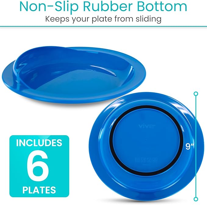 Vive Spill-Proof Scoop Plate, 9" (6 Pack) - Dish with Wall for Disabled, Handicapped, Elderly Adults with Special Needs from Parkinsons, Dementia, Stroke, Tremors with - Non Skid Padded Bottom