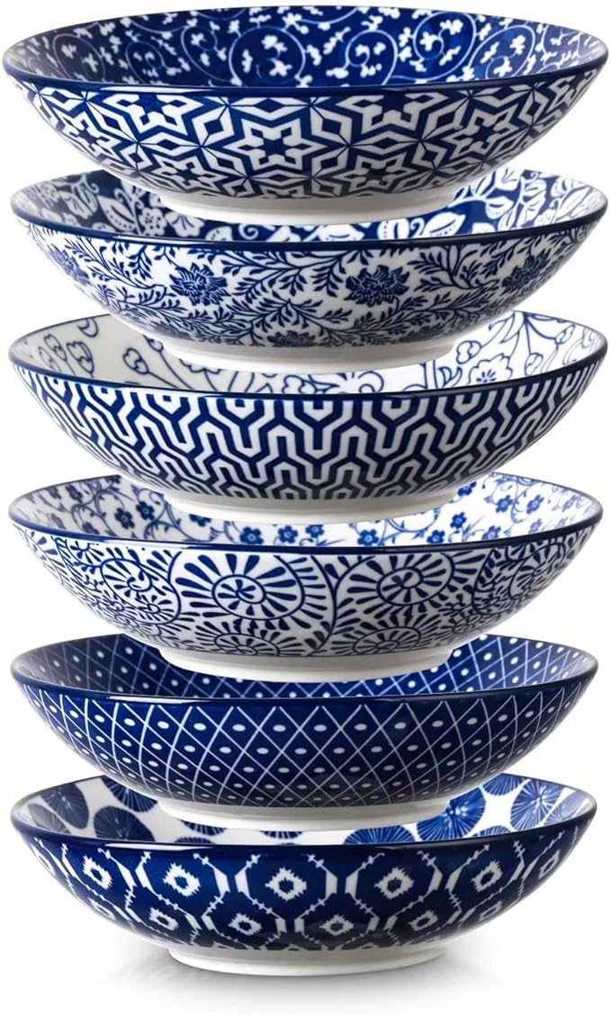 Selamica Porcelain 40oz Large Bowls 9 inch Big Pasta Salad Bowls, Microwave and Oven Safe, Vintage Blue, Set of 6