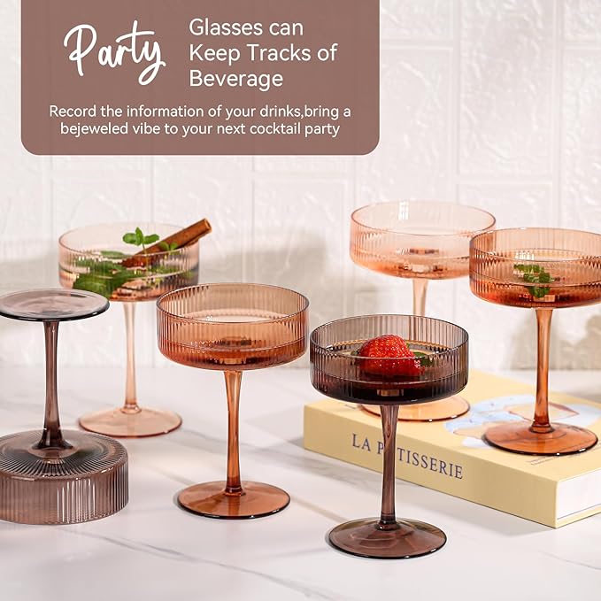 9 oz Brown Coupe glasses Set of 6-Hand Blown Venus ribbed vintage coupe glasses-Brown martini glasses for espresso dessert