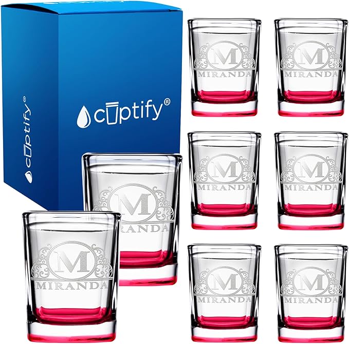 Personalized Square Shot Glasses Set of 8 Red Bottom 2oz Engraved Initial and Name Custom Gifts, Weddings, Birthdays, Party, Event, Decorations