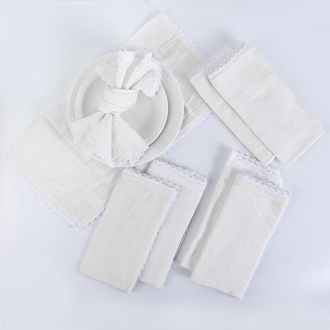 FINGERCRAFT Dinner Cloth Napkin Cotton Muslin Double Gauze 12 Pack with Classic Lace for Everyday Use, Wedding, Party, Christmas, Easter Napkins Cloth are Pre Shrunk and Good Absorbency White