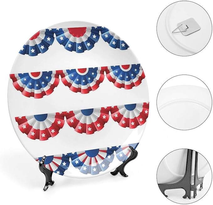 Decorative Plates, American Flag Decor Print Ornament, Flag Round Bunting Election Ornament Pattern, 6 Inch, Kitchen Wall Decor, Blue Red