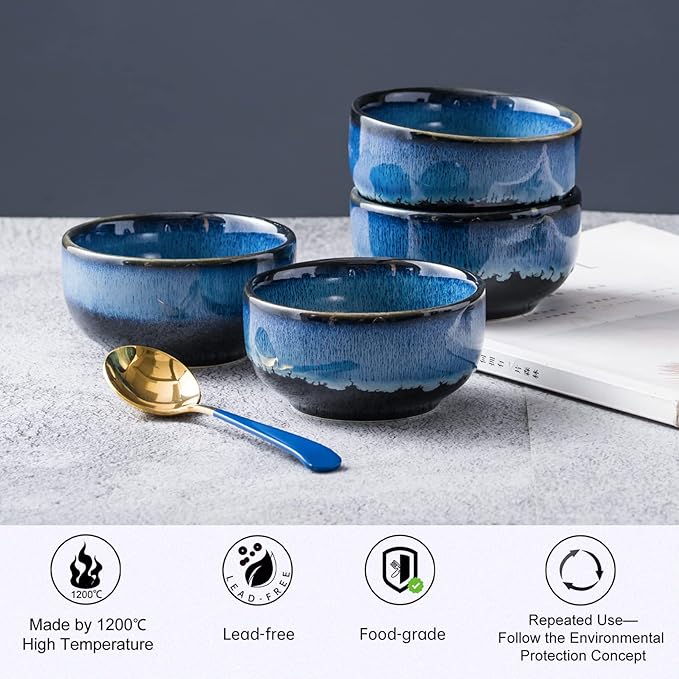 UNICASA Ceramic 8 oz Small Bowls Set, Porcelain Dessert Bowls Set of 4, Porcelain Reactive Glaze Bowls for Ice Cream, Snack, Dipping, Serving Bowls, Dishwasher & Microwave Safe, Blue