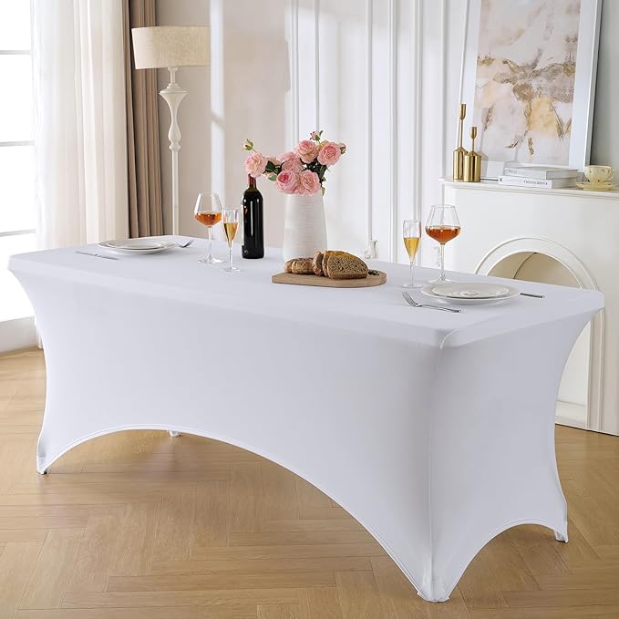 VidaFete Spandex Tablecloth 2 Pack 6FT, Fitted Stretch Table Cover for Rectangle Tables, Wrinkle Resistant and Washable Tablecloths for Outdoor, Picnic, Party, Wedding, Banquet, Birthday, White