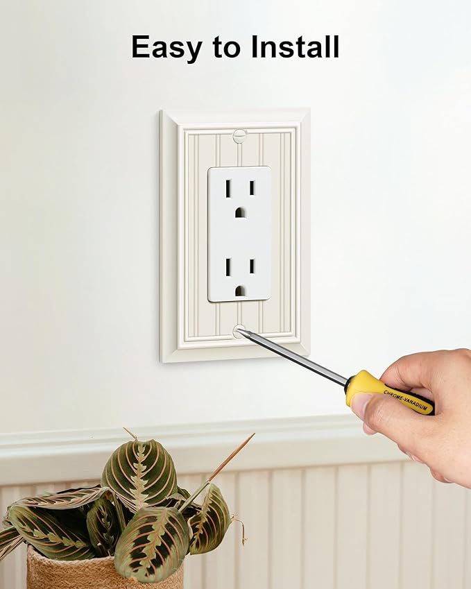 4-Pack Classic Beadboard Decorator Wall Plate Cover, Light Almond Decorative Switch Plates and Outlet Covers, Durable Natural Bamboo Fiber Wall Plates for Electrical Outlets, Receptacle, GFCI Outlet