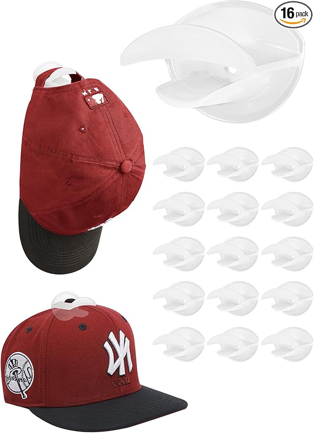 HOUSE DAY Adhesive Hat Hooks for Wall 16 Pack, Strong Hat Rack for Baseball Cap Display Organizer, Hats Hangers Holder for Wall, Door, Closet, No Drilling, Translucent