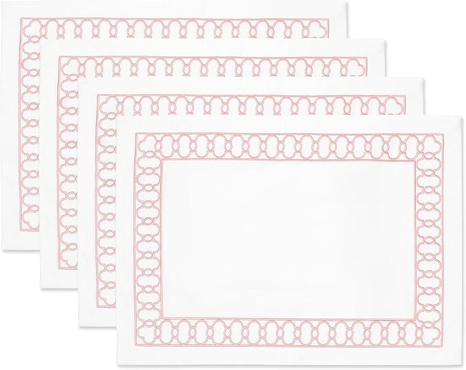 Hofdeco Premium Coastal Patio Indoor Outdoor Placemat Set of 4, 14"x19" Double-Layered, Waterproof Cloth Placemat for Kitchen or Dining Table. Blush Pink Embroidered Frame
