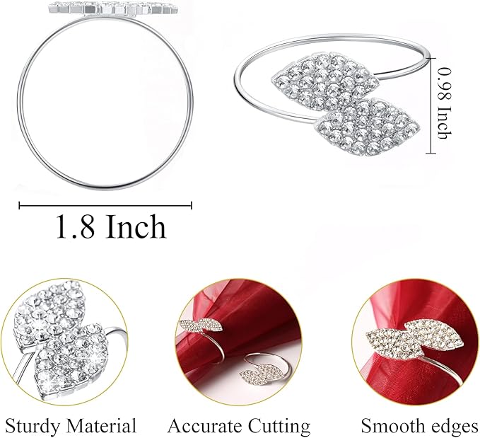 Set of 100 Napkin Rings Metal Silver Elegant Bling Leaves Rhinestone Napkin Rings Bulk Dinner Banquet Serviette Decor, Dining Table Setting for Thanksgiving Christmas Holiday Wedding Party