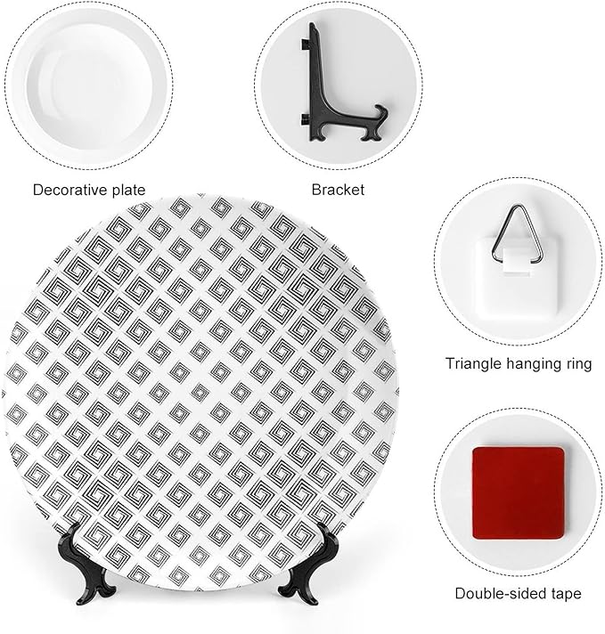 Ceramic Plates, Abstract Decorative Ceramic Plates, Minimalist Geometric Diamond Shaped Square Lines, 7 Inch, Household Plates Decorative, Black White