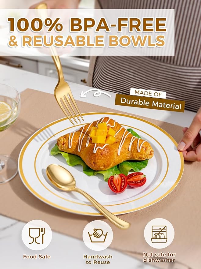 WDF 120 pieces Gold Disposable Plastic Plates - White and Gold Plates Include 10.25" Dinner Plate & 7.5" Salad Plate for Weddings/Party/Valentine's Day
