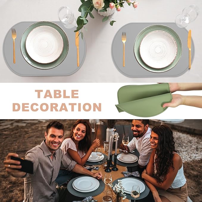uxcell 4 Pcs Oval Silicone Placemat, 15.4" x 10.4" Non-Slip Washable Table Placemats Heat Resistant Waterproof Mat with High Edge for Table Kitchen Desk Protection, Green