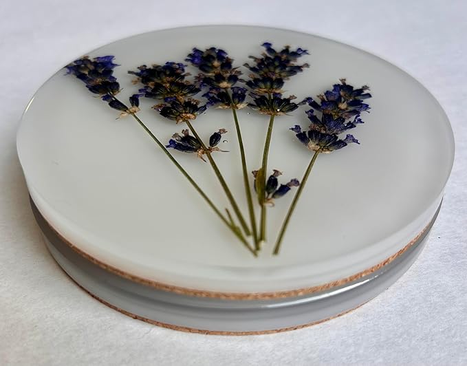 Handcrafted Pressed Lavender Resin Coasters White with Cork Base, Decorative Table Protection (4, Round)
