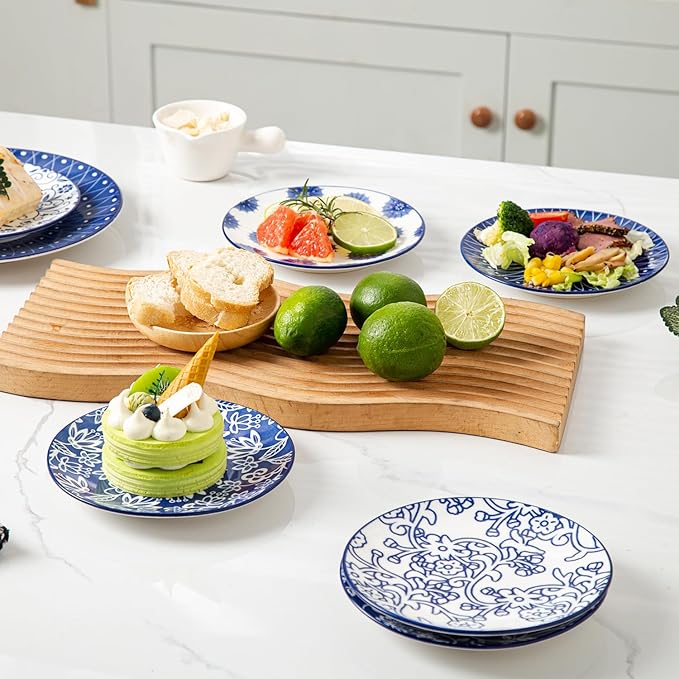 Ceramic Dessert Plates Set - 6 Inch Mini Appetizer Plates for Kitchen - Small Salad Plate for Cake Snacks Side Dish, Microwave Dishwasher Safe, Gift, Vintage Blue
