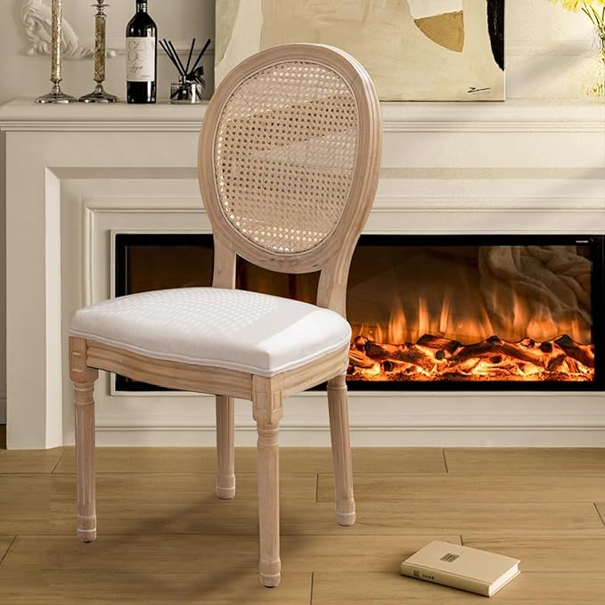 SoarFlash French Dining Chairs Set of 6, Vantage Dining Chair with Round Back, Farmhouse Country Rattan Dining Chair for Kitchen,Bedroom,Beige