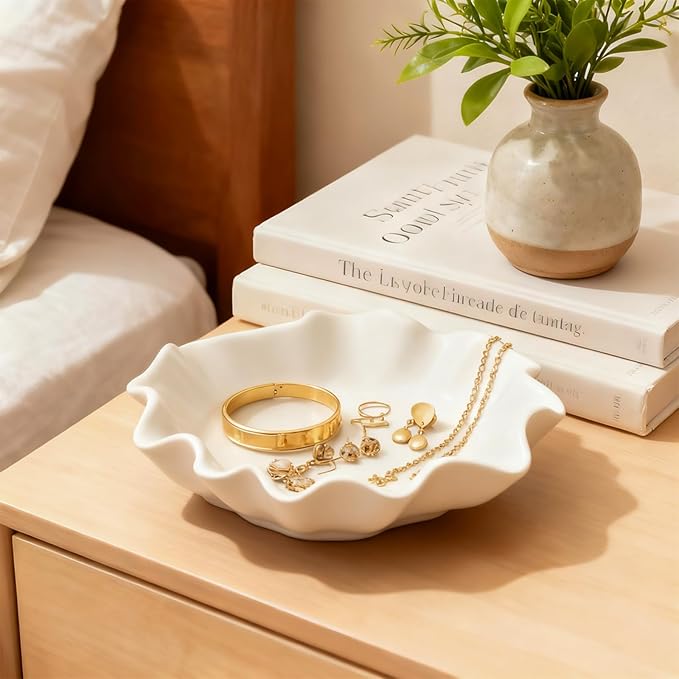Small Ivory Ceramic Decorative Bowl, Modern Home Decor Centerpiece 7.8 Inches Key Jewelry Ruffle Fluted Scalloped Bowl with Wavy Edge