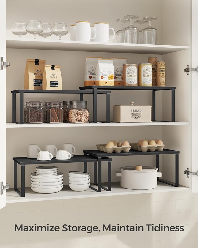 SONGMICS Cabinet Organizer Shelf, Set of 4 Kitchen Counter Shelves, Kitchen Storage, Spice Rack, Stackable, Expandable, Metal and Engineered Wood, Ink Black and Ebony Black UKCS028B01