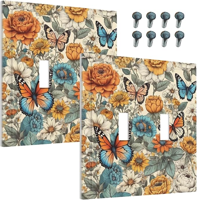 Decorative Light Switch Cover Vintage Colorful Floral Butterfly Flowers 2 Gang Wall Plate Double Toggle Switch Plate Receptacle Electrical Outlet Cover Switchplate for Bathroom Bedroom（2 Pack）