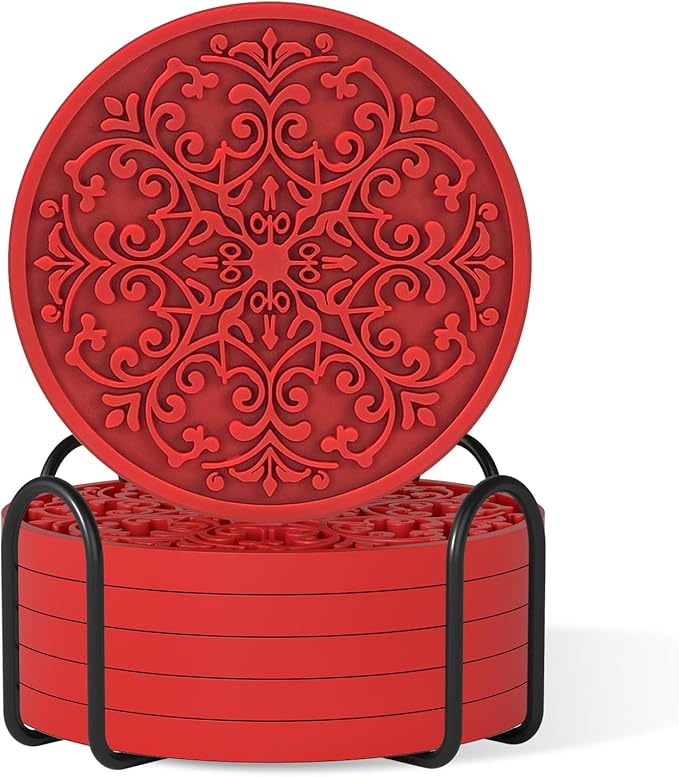 Drink Coasters, Coasters Set of 6 for Cup with Holder, Non-Slip Silicone Cup Mats for Hot and Cold Drinks, Cute Absorbent Coffee Bar Accessories Table Decor, Red